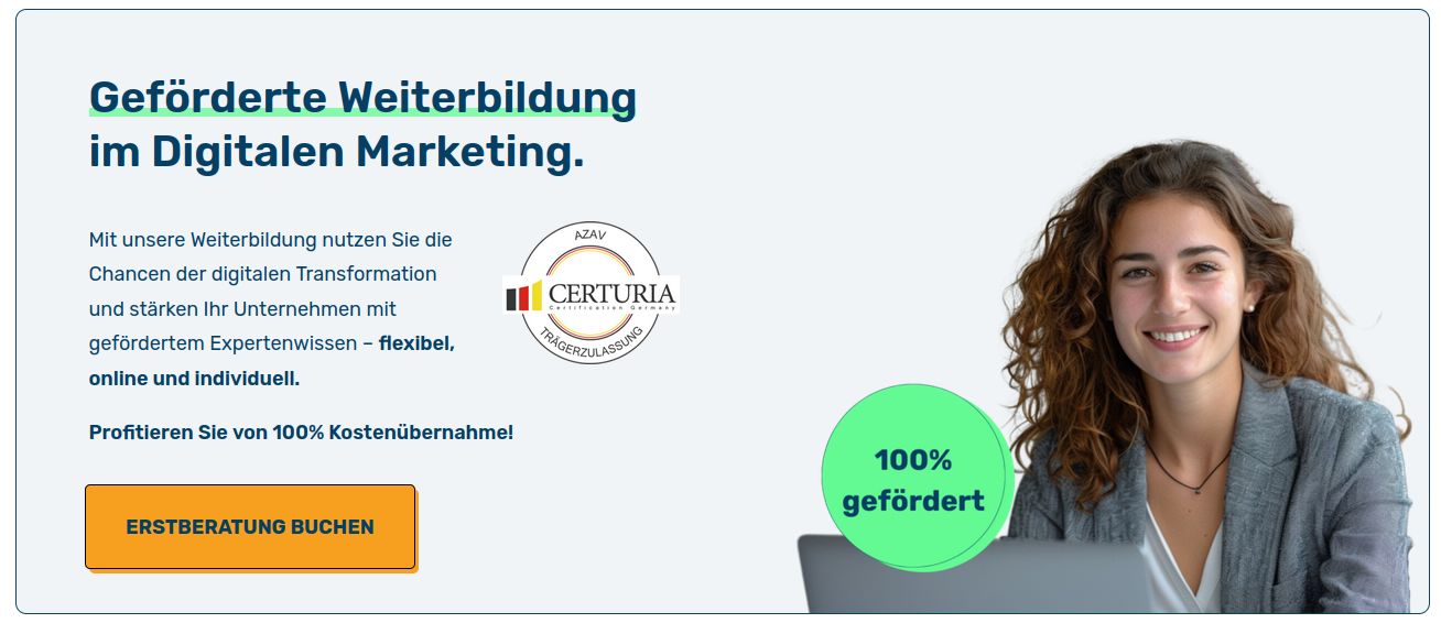 Screenshot Webseite: Geförderte Weiterbildung im Digitalen Marketing